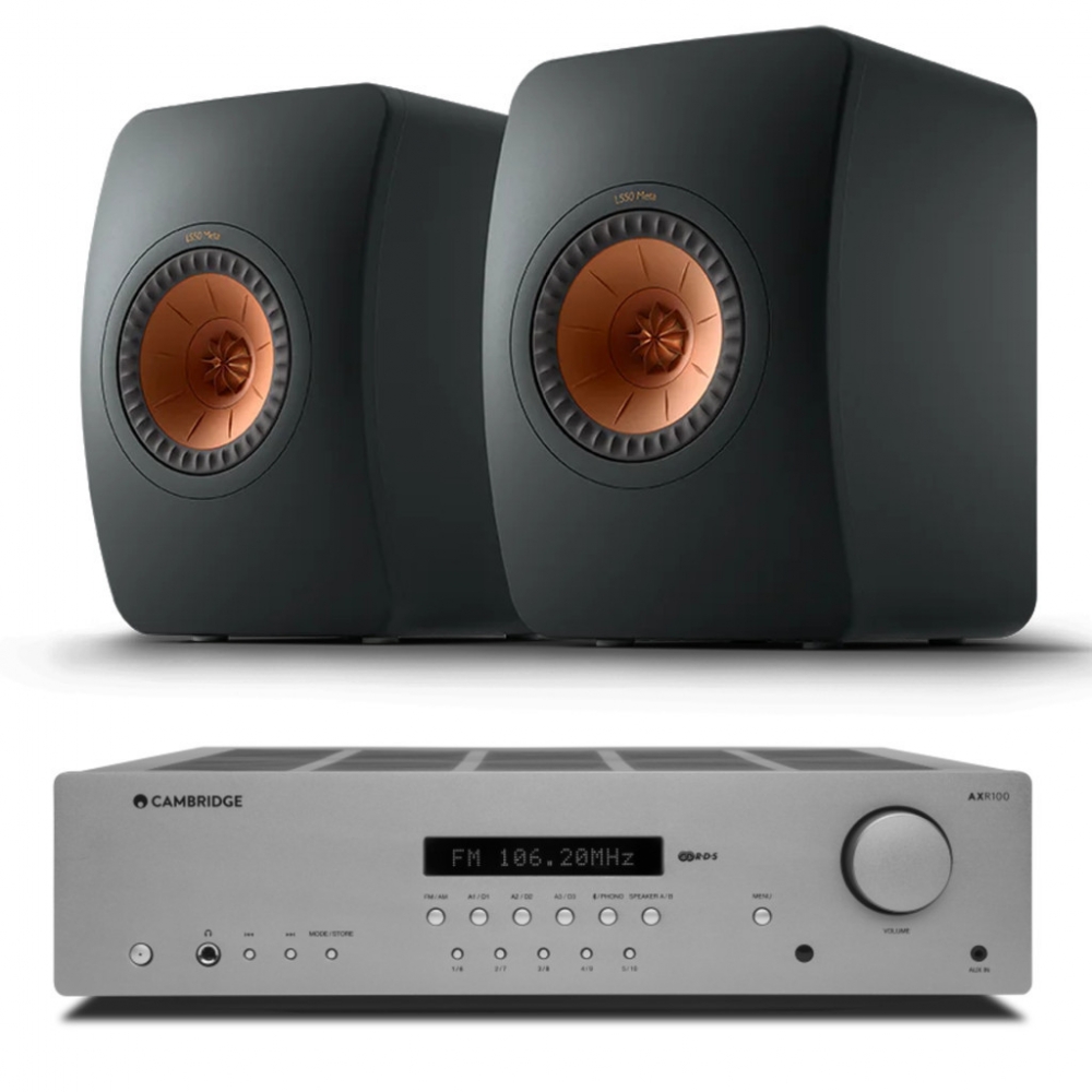 AX R100D sztereó rádióerősítő + KEF LS50 Meta polcsugárzó pár, fekete