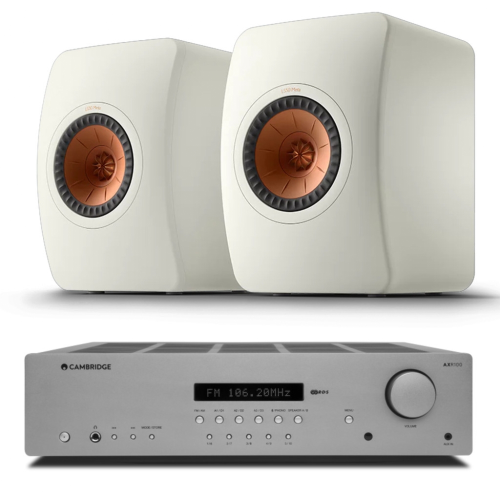 AX R100D sztereó rádióerősítő + KEF LS50 Meta polcsugárzó pár, fehér
