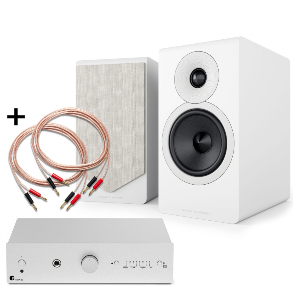 MaiA S3 BT, ezüst+ Acoustic Energy AE300.2, fehér + Pro-Ject Connect it LS E Flex (2x3 m)